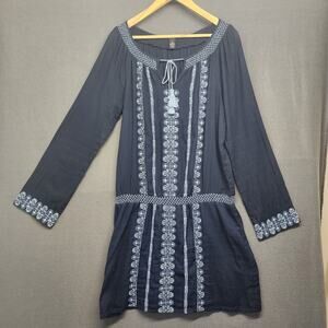 Lucky Brand Embroidered Boho Dress Navy Tassel Tie Peasant Womens Medium Tunic